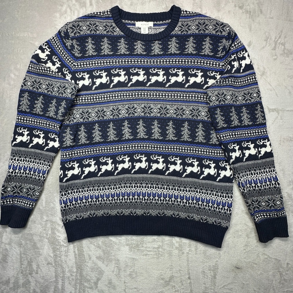 Aspen Mens XL Blue Reindeer Chunky Knit Christmas Long Sleeve Crewneck Sweater
